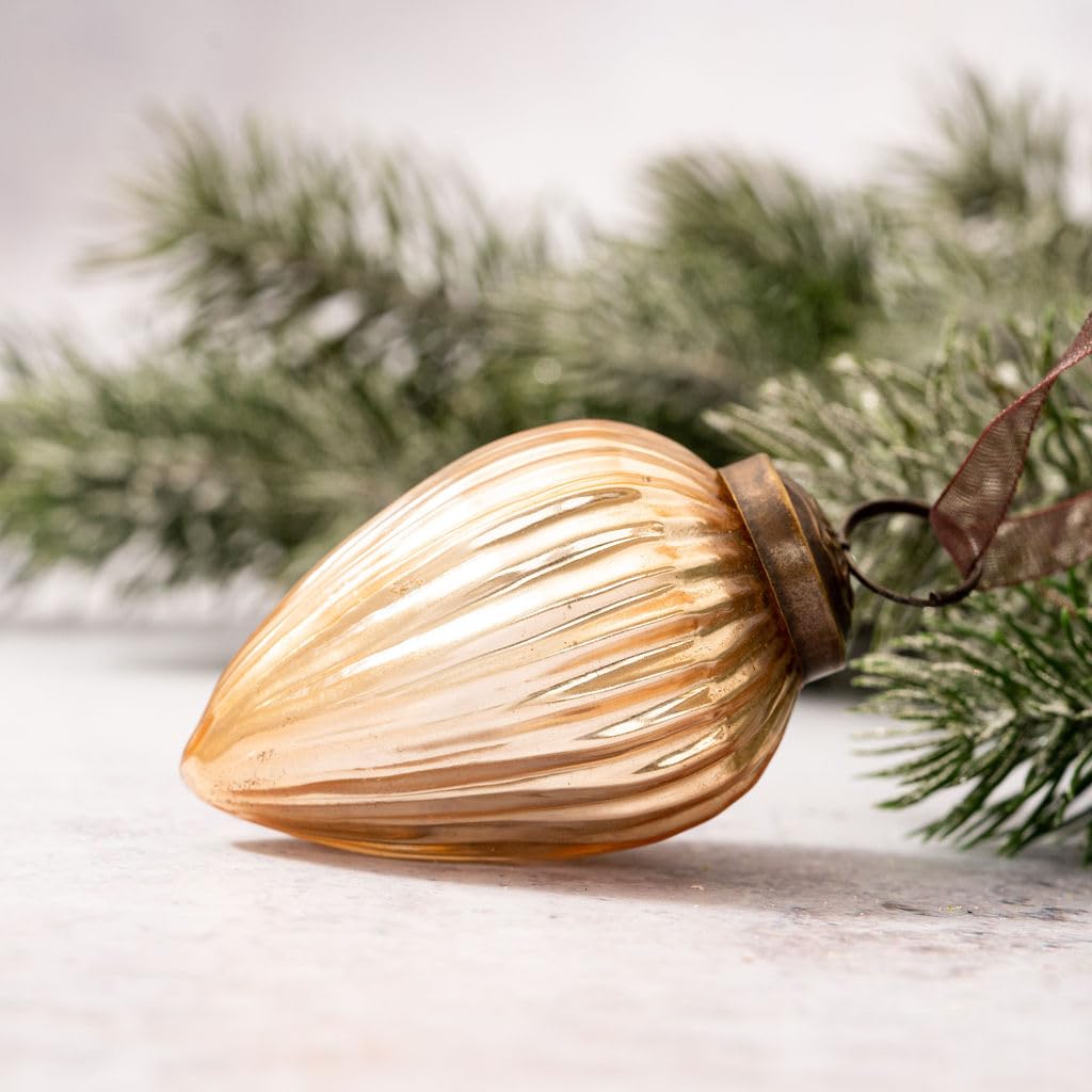 Arthur Cameron – Small 2" Crackle Glass Pinecone Ornaments – Hand-Blown Small Christmas Tree Decorations for Traditional Christmas Trees & Winter Wonderland Displays (Champagne)