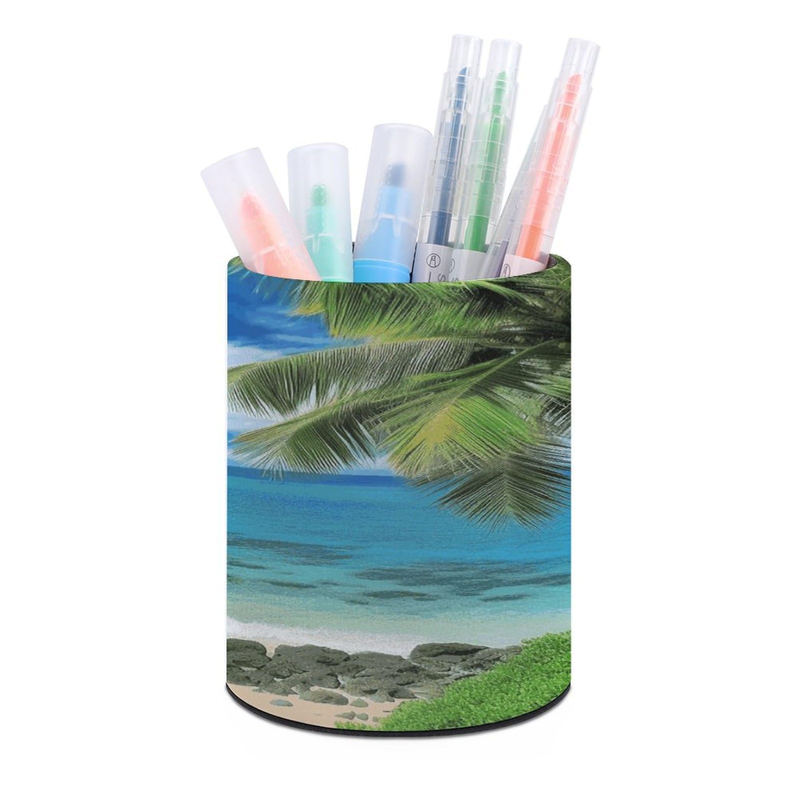 VstaDank Tropical Palm Tree Hawaii Beach Pen Holder Round Pencil Holder Cup Pen Container PU Leather Desk Organizer Stand Decorative Brush Scissor Holder Decoration Office Desk Home (3.1 x 3.9 inch)