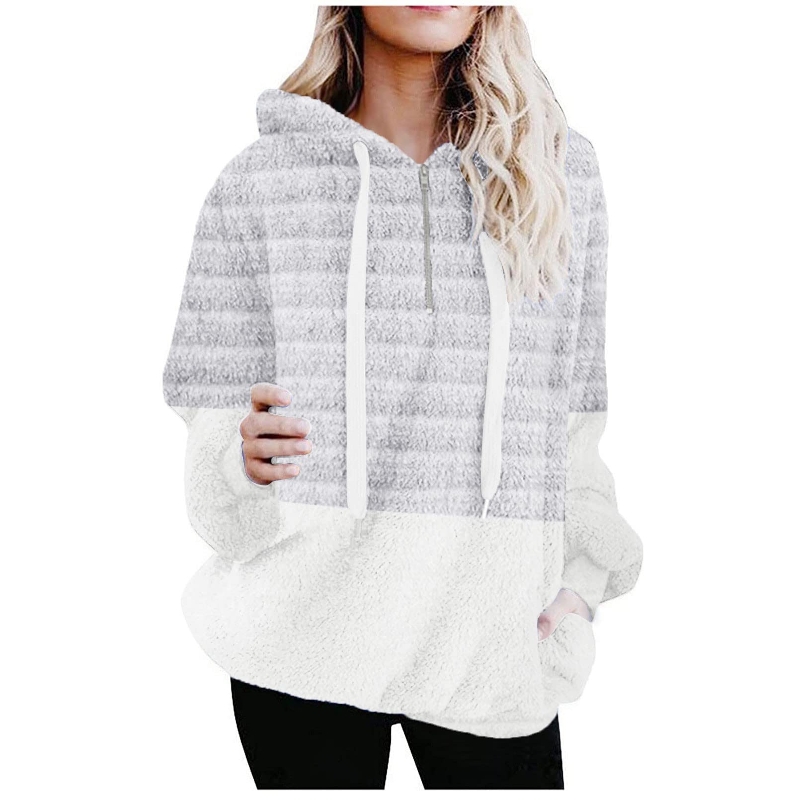 QITOHK Women's Sweatshirts Loose Fit Print Patchwork Zipper Pocket Top Plush Sweater Jacket Crewneck Sweatshirt, S-3XL