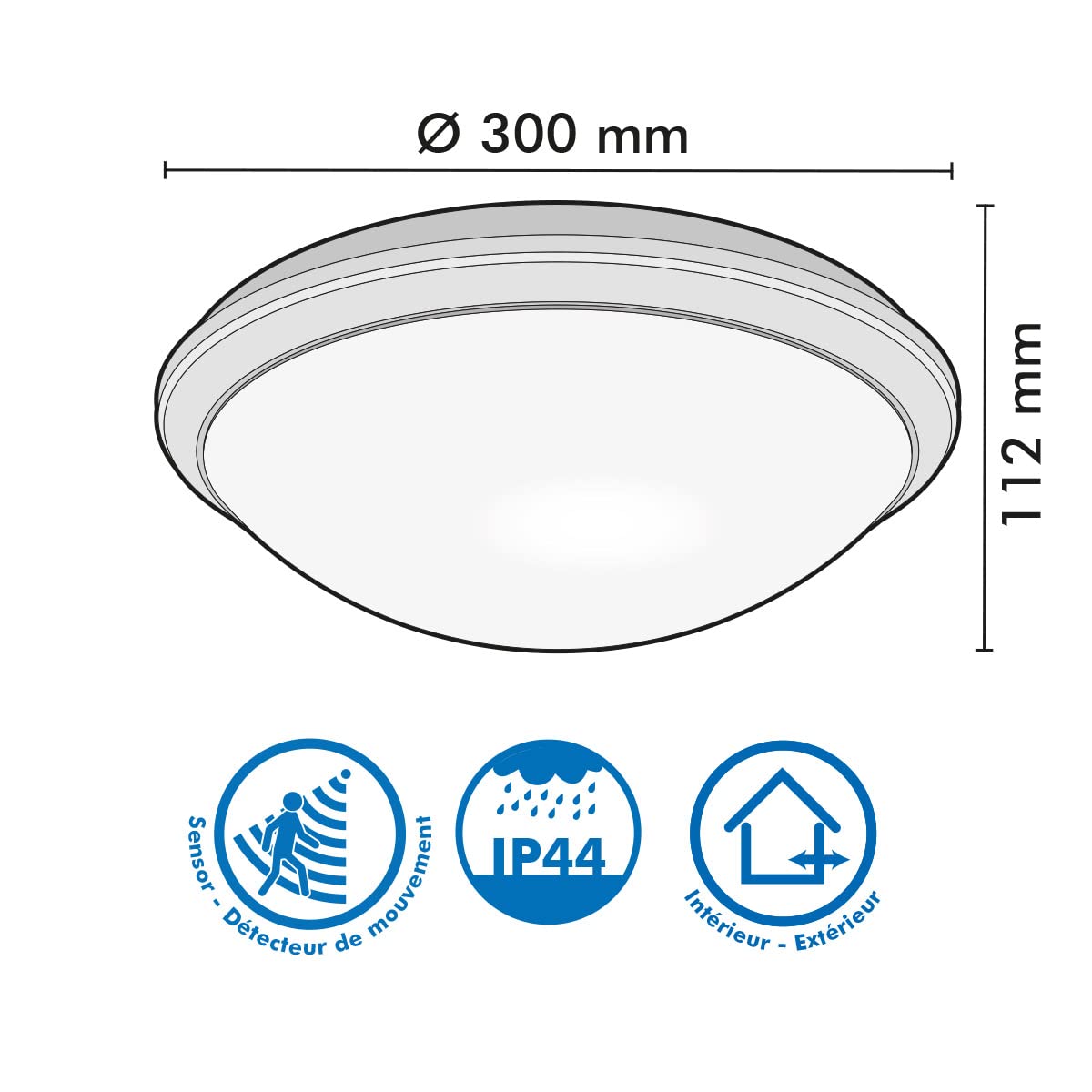 Arum Lighting – Bullauge Deckenleuchte LEX, Sockel E27 (max. 60 W), integrierter Infrarot-Bewegungsmelder, wasserdicht IP44, Durchmesser 30 cm, Wand- oder Deckenleuchte, außen und innen (ohne