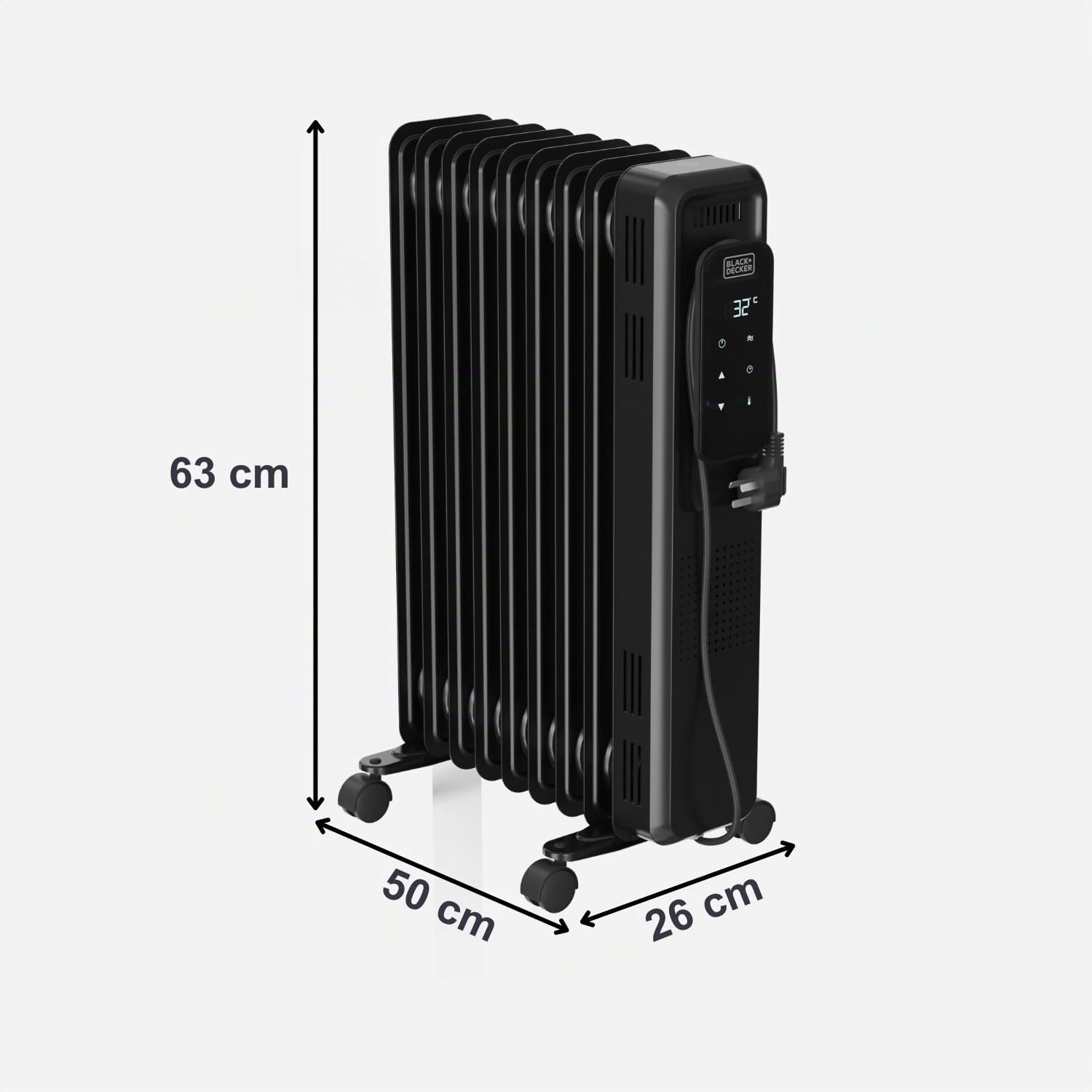 BLACK+DECKER - Radiateur à huile 2000 W | Chauffage électrique | 9 éléments | 3 niveaux | Réglable | Minuterie 24 h | Ultra-silencieux | Protection surchauffe | Écran digital