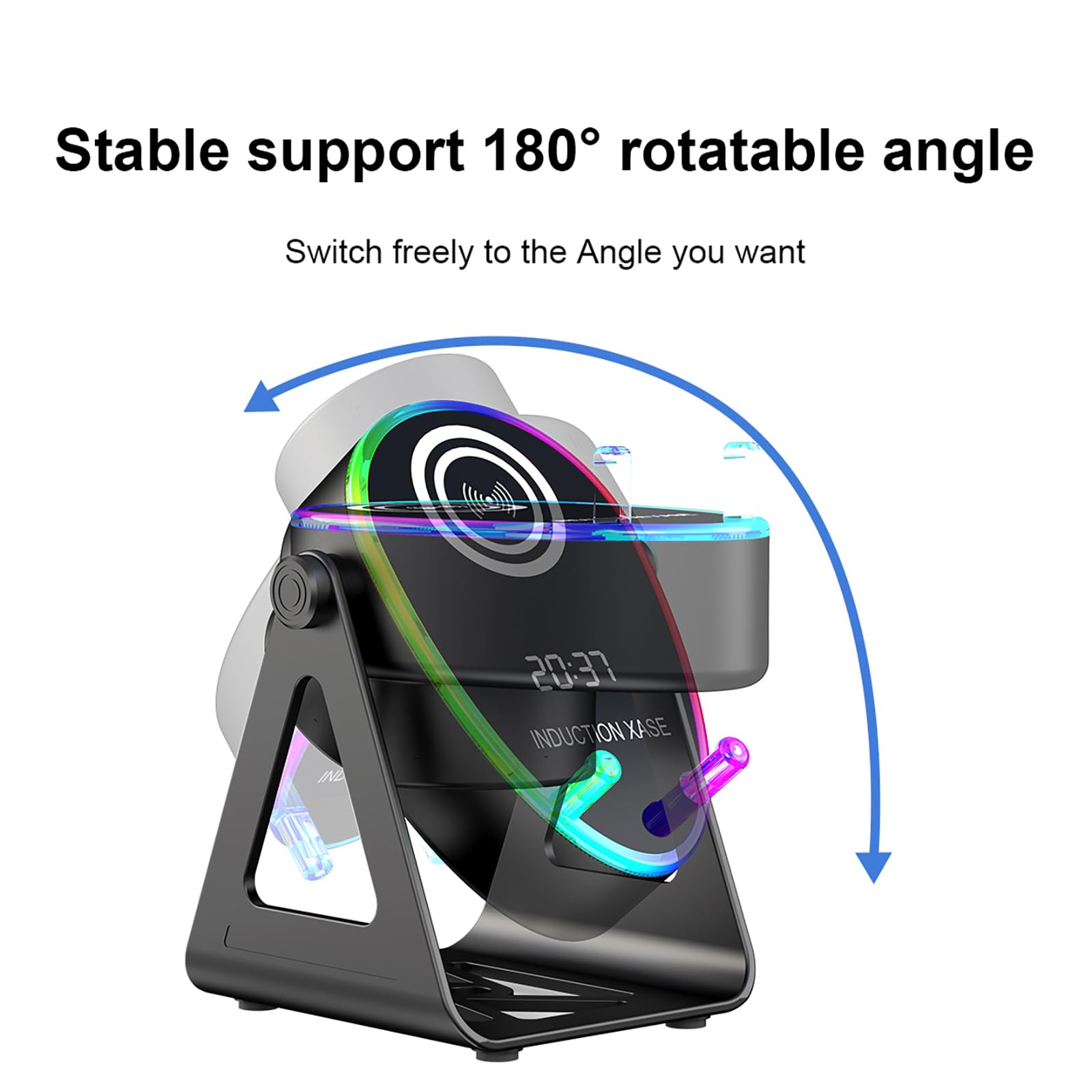Altavoz Bluetooth 5 En 1 Con Inducción, Soporte Ajustable 180°, Carga Inalámbrica Y Luces RGB – Batería 1800mAh