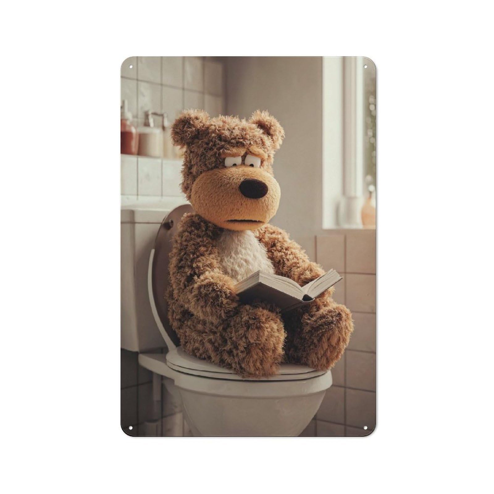 Junmoney Style-17 Teddy Bear Reading On Toilet Poster, Picture, Metal Print, Paint By Creed Rustic Metal Sign 30X20cm, Barn Style Farmhouse Wall Decor For Kitchen, Cottage, Porch Or Garden Room
