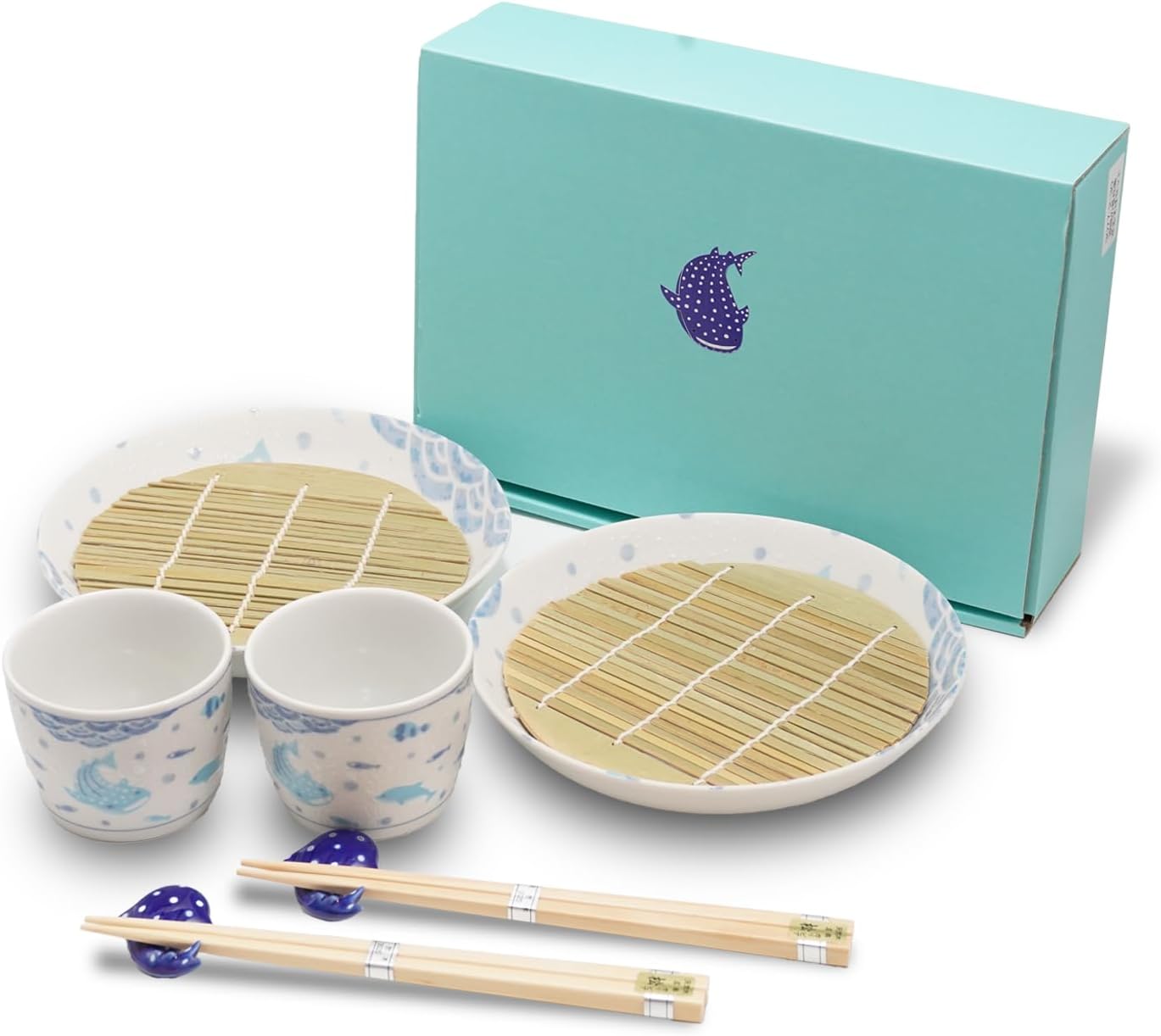 Japanese Soba Noodle Serving Set for 2 – Mino Ware Ceramic Plates, Cups, Bamboo Strainers, Chopsticks & Whale Shark Chopstick Rests – Authentic Zaru Soba Dishware Gift Set