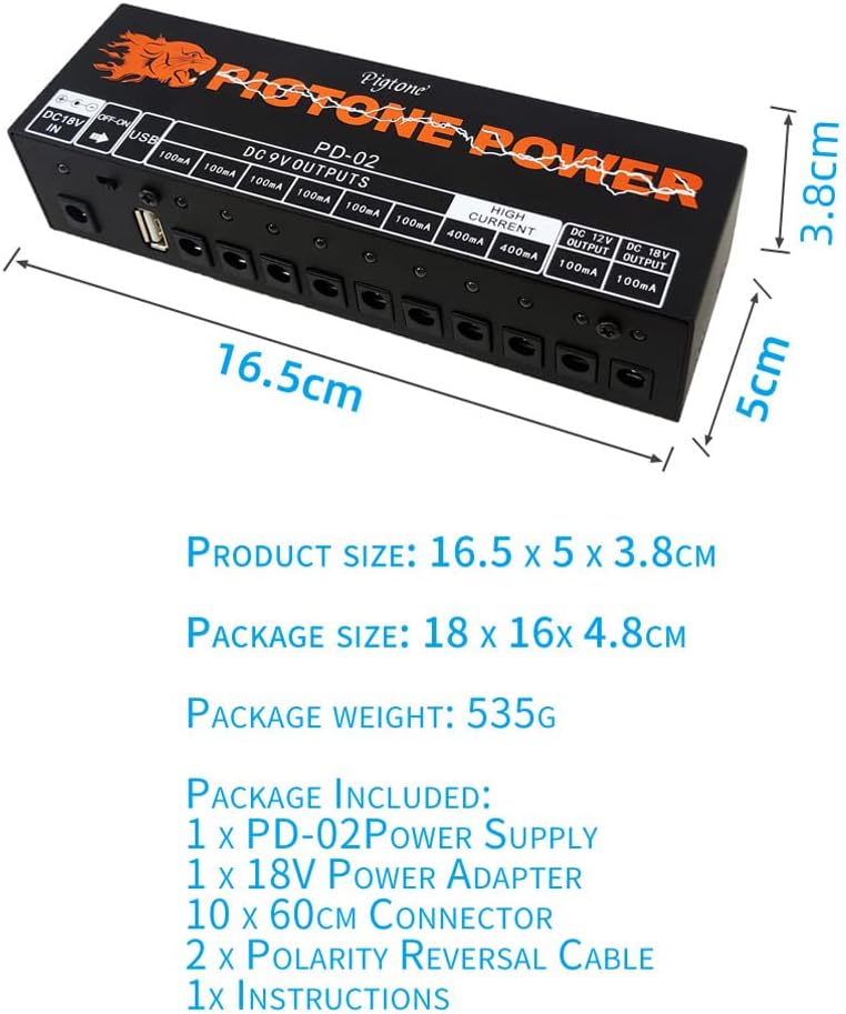 Guitar Effect Pedal 10 DC Outputs Power Supply for 9V 12V 18V Effects Pedals with USB (5V2A) PD-02