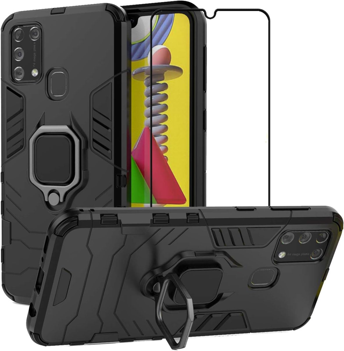 EasyLifeGo for Samsung Galaxy M31 / Galaxy M315/F DS Kickstand Case with Tempered Glass Screen Protector [2 Pieces], Hybrid Heavy Duty Armor Dual Layer Anti-Scratch Case Cover, Black