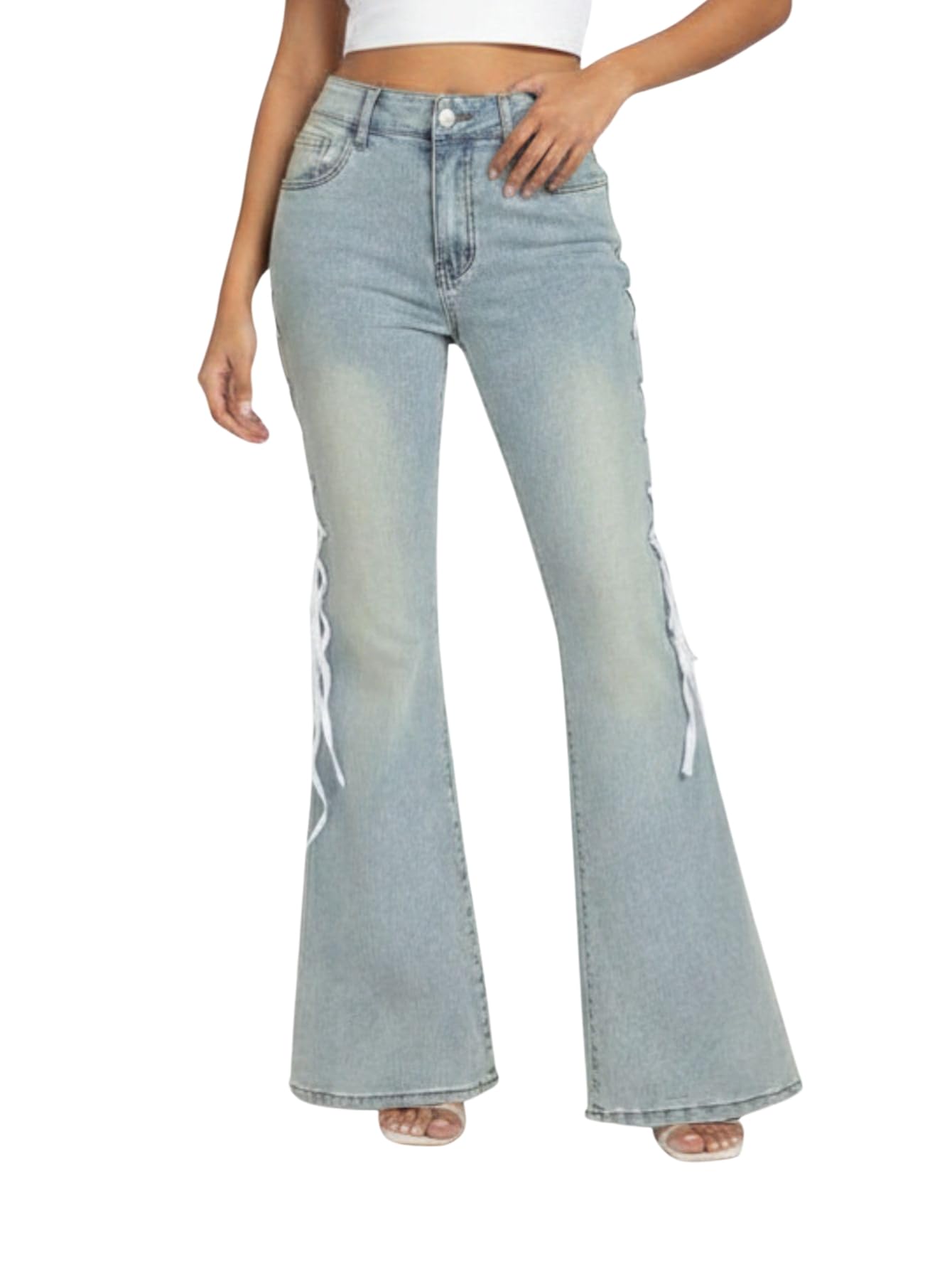 glossia Bootcut Jeans for Women High Waist Stretchable Light Wash Flared Denim with Lace Up Ribbon Side | Soft Cotton Spandex Bottom Wear (WJ-FF006-$)-picture-49