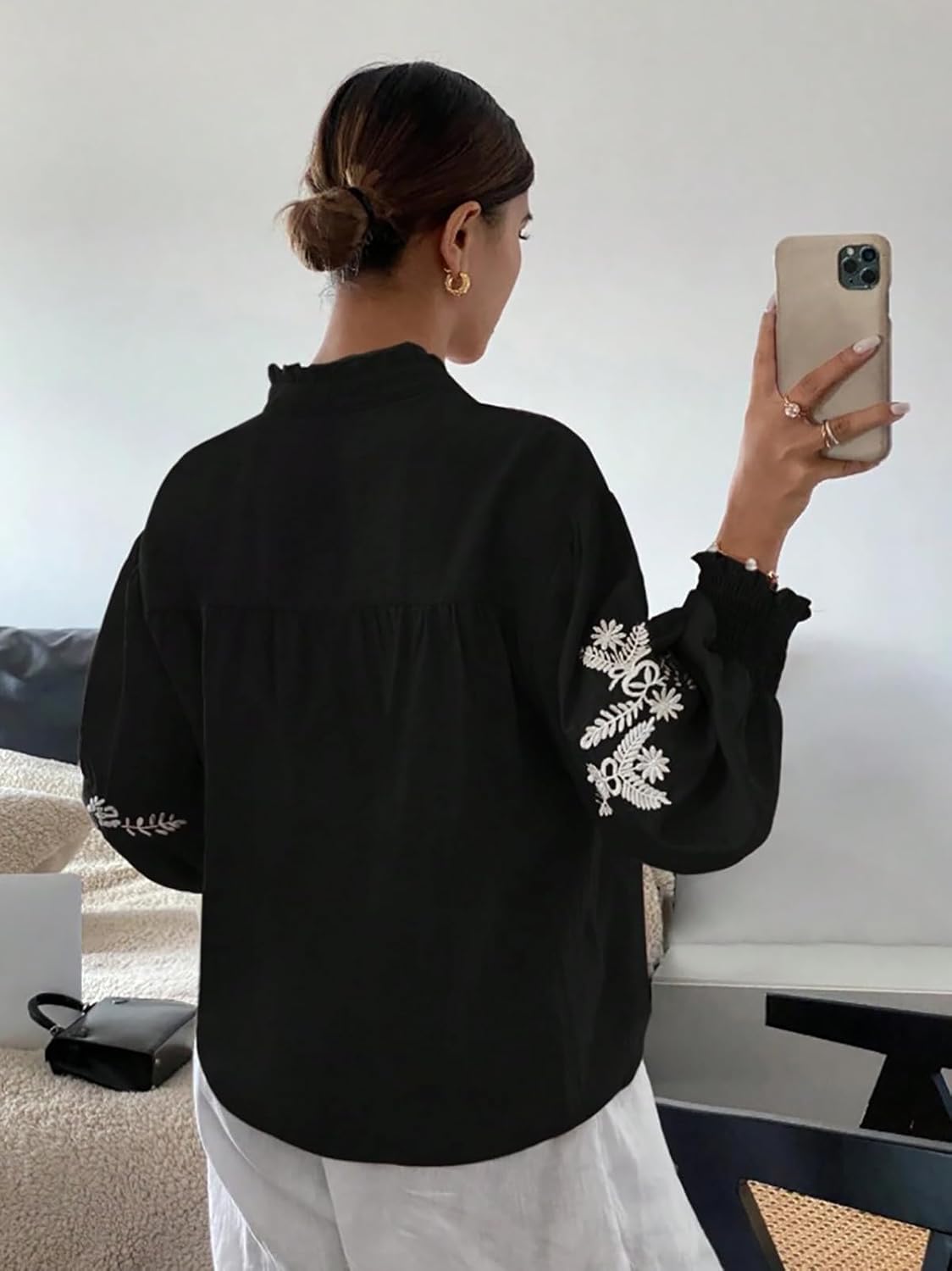 Women's Embroidered Puff Sleeve Blouse, Vintage Floral Boho V-Neck Button Down Shirts with Smocked Cuffs - Image 5