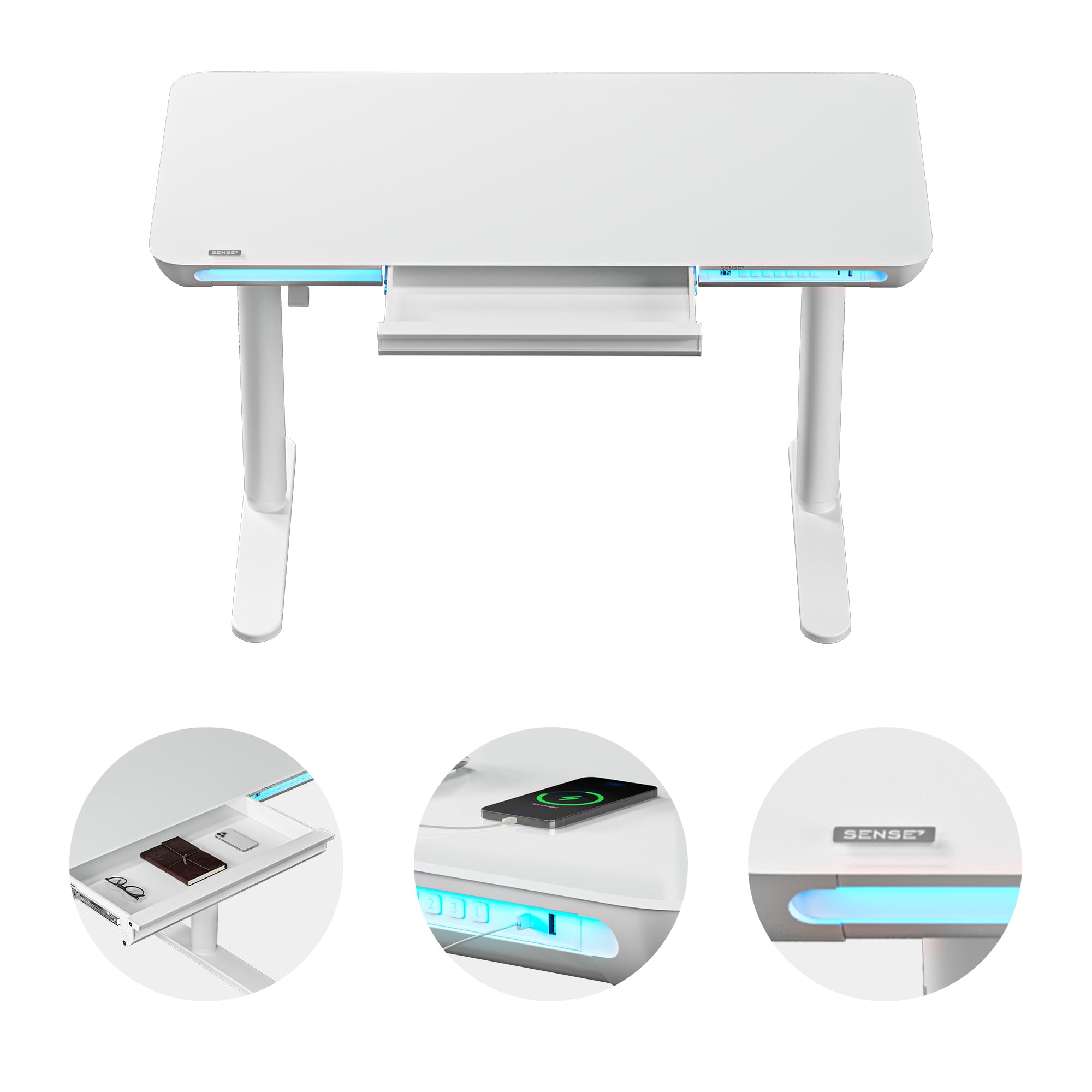 SENSE7 Nomo LED Gaming Schreibtisch, 120x60cm, Höhenverstellbar, USB-C, USB 3.0, Glas, Schublade, Haken, Modern, Weiß, Erwachsener, Home Office, Büro, Lernzimmer, Wohnzimmer