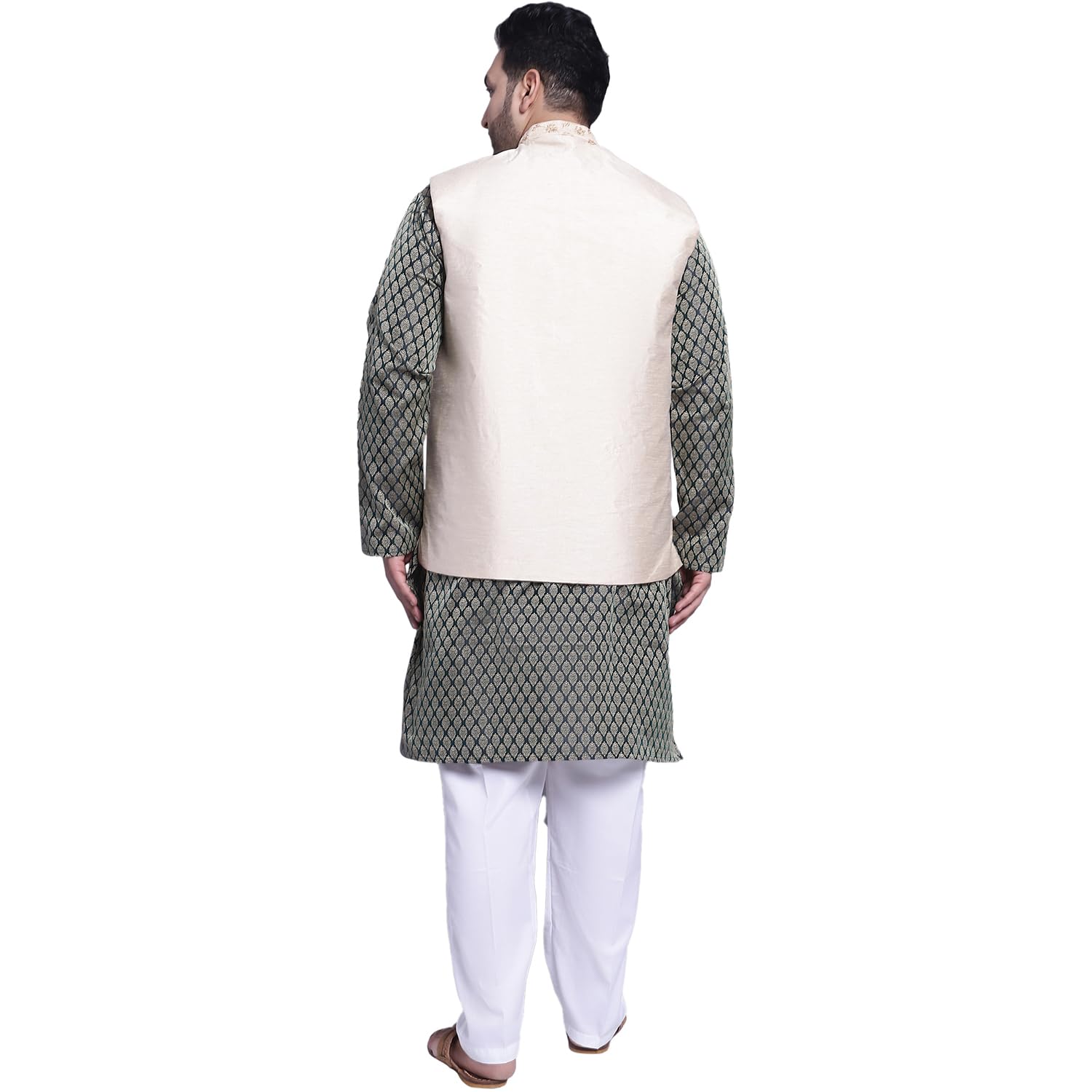 Sojanya (Since 1958 Men's Silk Blend Dark Green Kurta & Beige Emb Nehrujacket With White Pyjama
