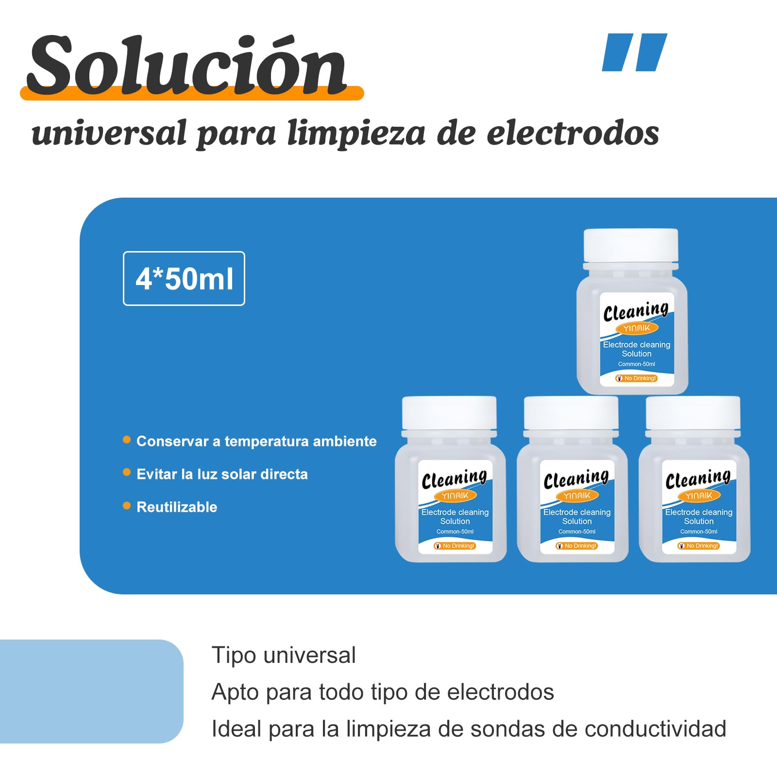 YINMIK Solución de Limpieza para Electrodo de pH, Limpiador de Sondas y Conductividad