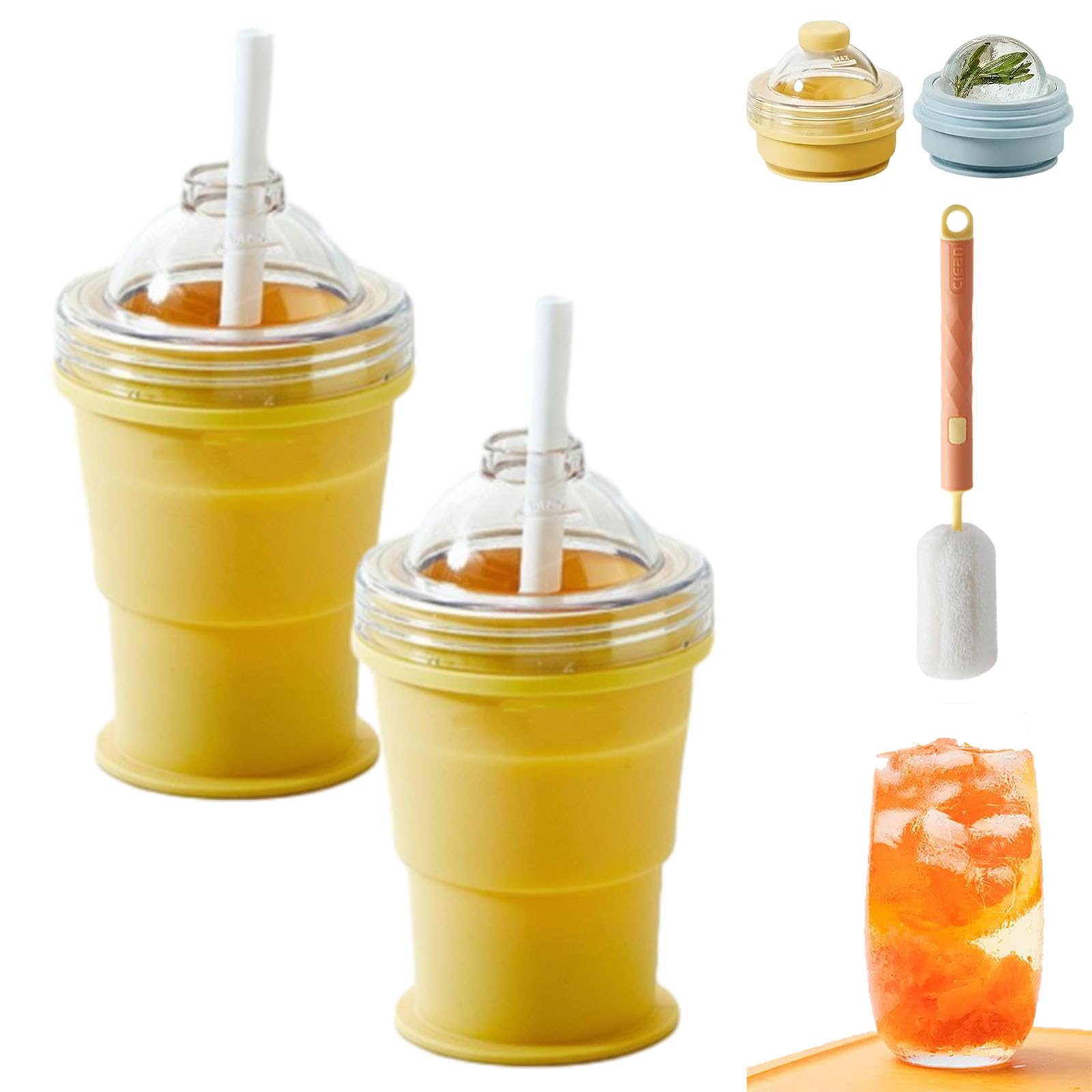 2-in-1 faltbarer Silikon-Eiskugel-Becher, wiederverwendbar, tragbar, Eiskugelform mit Strohhalm und auslaufsicherem Deckel, berührungsfreie Eiswürfelform für Whiskey, Saft und Sommergetränke (2 Stück