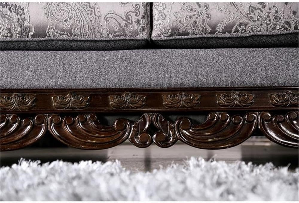 BOWERY HILL Traditional Upholstered Sofa, Gray and Silver Chenille Fabric, 93 in x 36 in x 40 in, Espresso Carved Wood Trim, Rolled Arms, Bun Feet, Accent Pillows, Living Room Seating