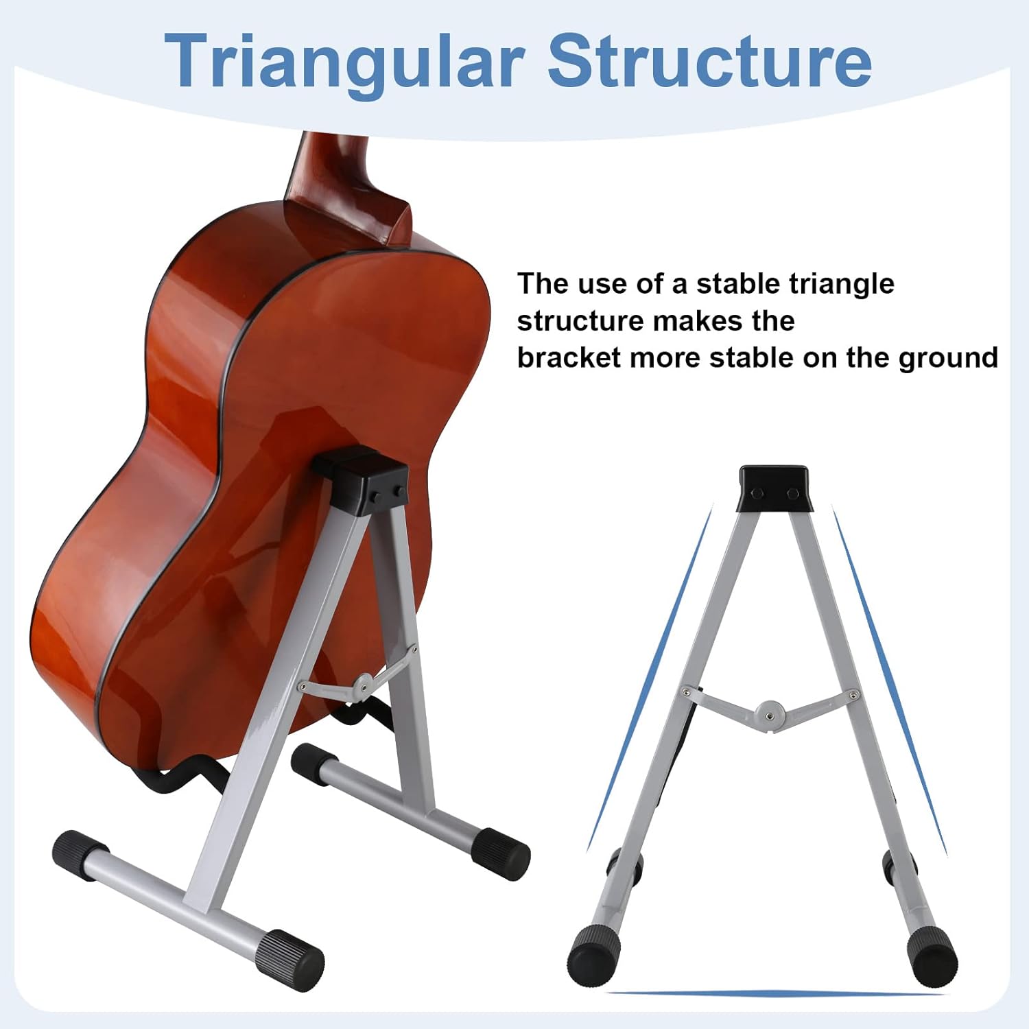 Image illustrating the triangular structure of the guitar stand, with a guitar placed on it, emphasizing its stability on the ground.