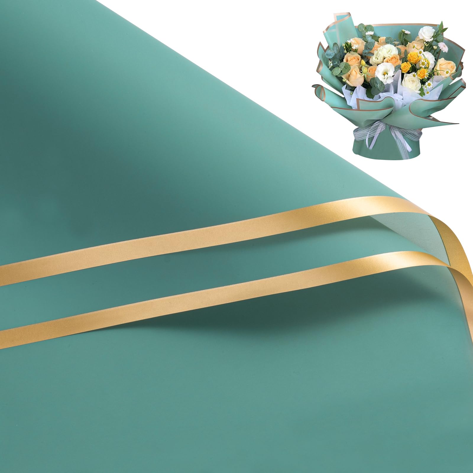 RUSPEPA 20 Sheets Flower Wrapping Paper - Gold Edge Waterproof Floral Bouquet Wrapping Paper - Florist Supplies Packaging Paper for Birthday, Wedding and DIY Crafts - Green