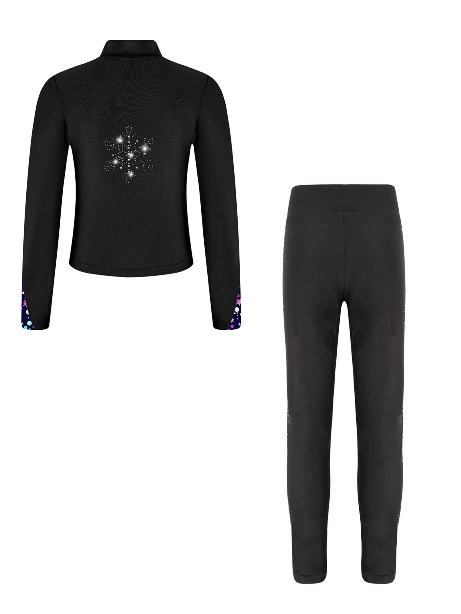 Freebily Kinder Eiskunstlauf Anzug Mädchen Bedruckte Jacke Glitzer Strass Eiskunstlauf Hose Set Wettkampf Workout Sport Outfit Skating Suit