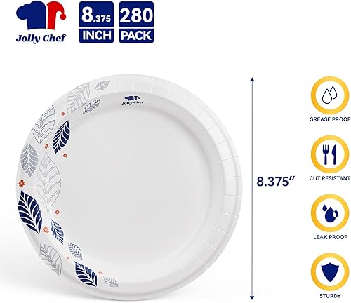 Miniatura 2 de JOLLY CHEF 280 platos de papel de 8 pulgadas, a prueba de remojo, a prueba de cortes, platos de papel desechables impresos de hojas resistentes para