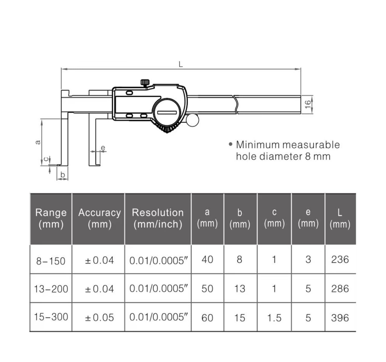 Suwmiarka elektroniczna ze stali nierdzewnej 8-150/13-200/15-300 mm z wewnętrznym rowkiem,5130300