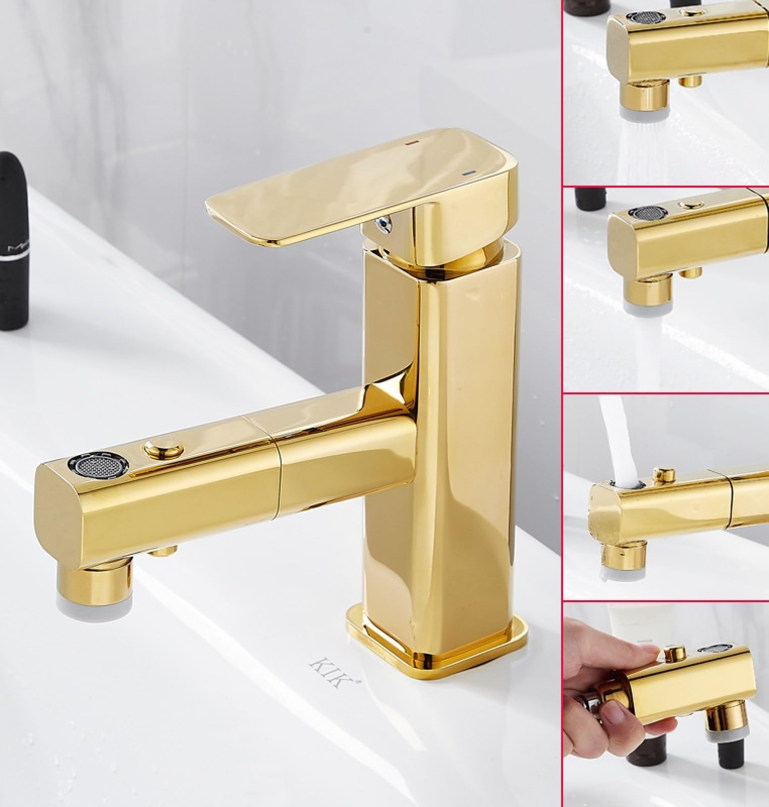 Baterie umywalkowe łazienkowe Miedziana bateria wyciągana Umywalka łazienkowa Umywalka do rąk Bateria Golden Basin Płyn do płukania ust Ciepła i zimna woda, Golden High Style