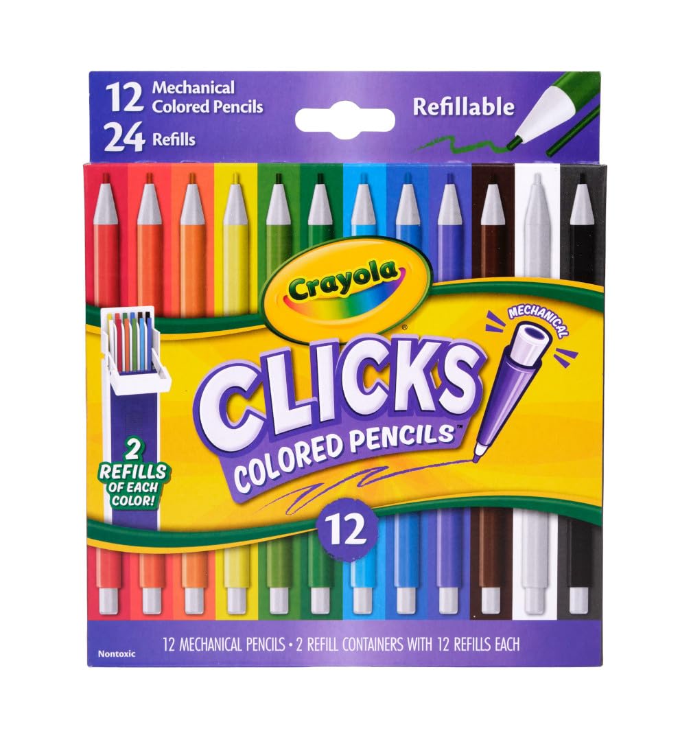 Crayola Clicks 2.0mm Mechanical Colored Pencil Set, 12 Assorted Colors, Coloring Pencils for Kids, No Sharpen, 24 Replacement Cores, Ages 5+