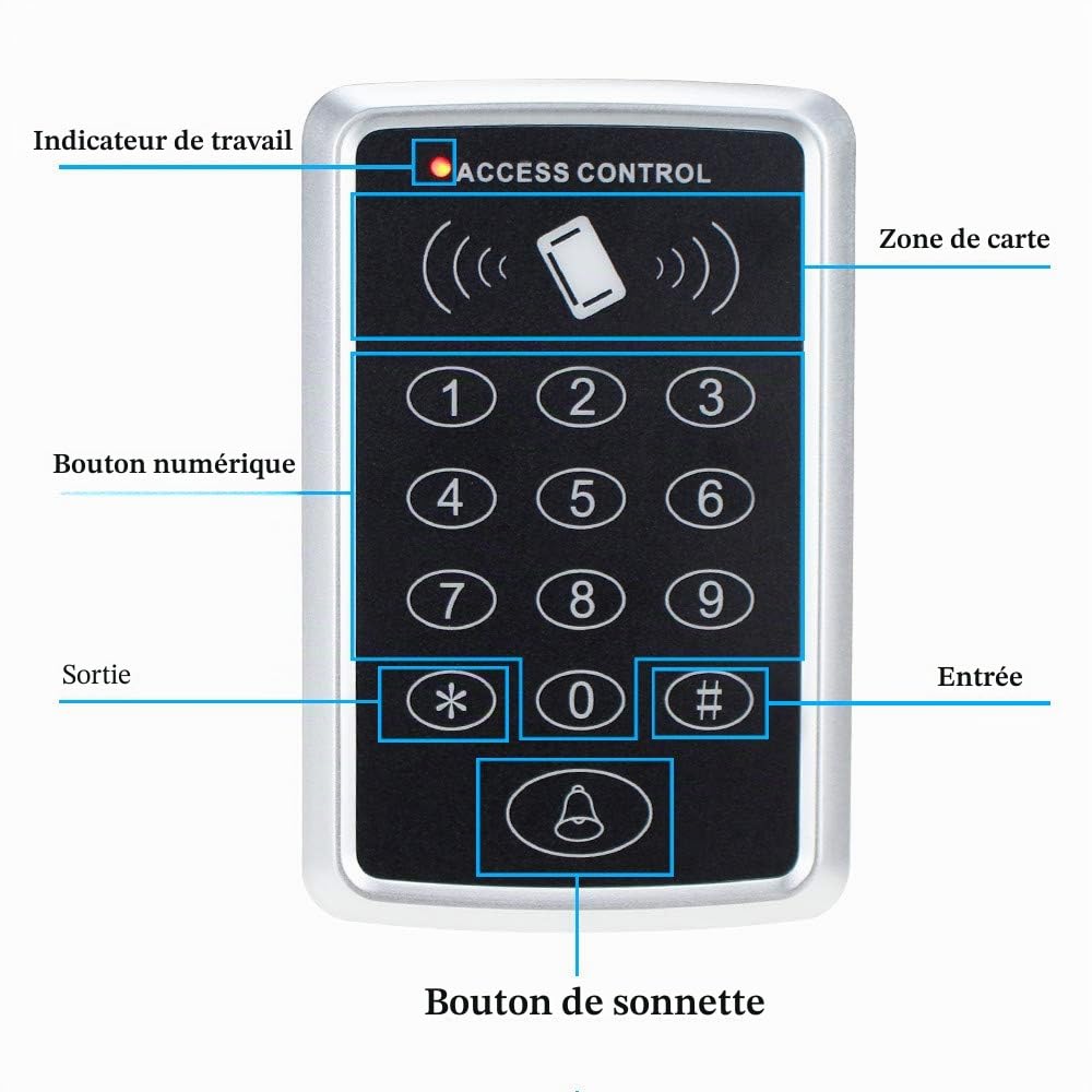 Kit de système de contrôle d'accès autonome avec serrure magnétique de 180 kg/350 lb, alimentation 12V 3A, bouton de sortie et 10 porte-clés RFID 125 kHz pour le contrôle d'accès du système de