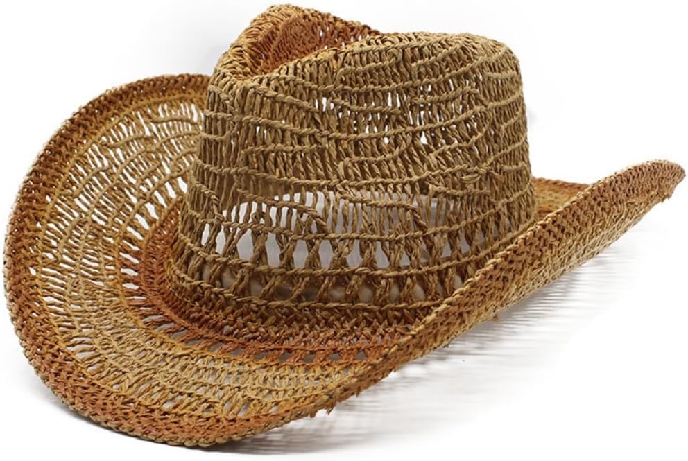 Western Straw Cowboy Hat, Open Weave Design, Natural Beige and Brown