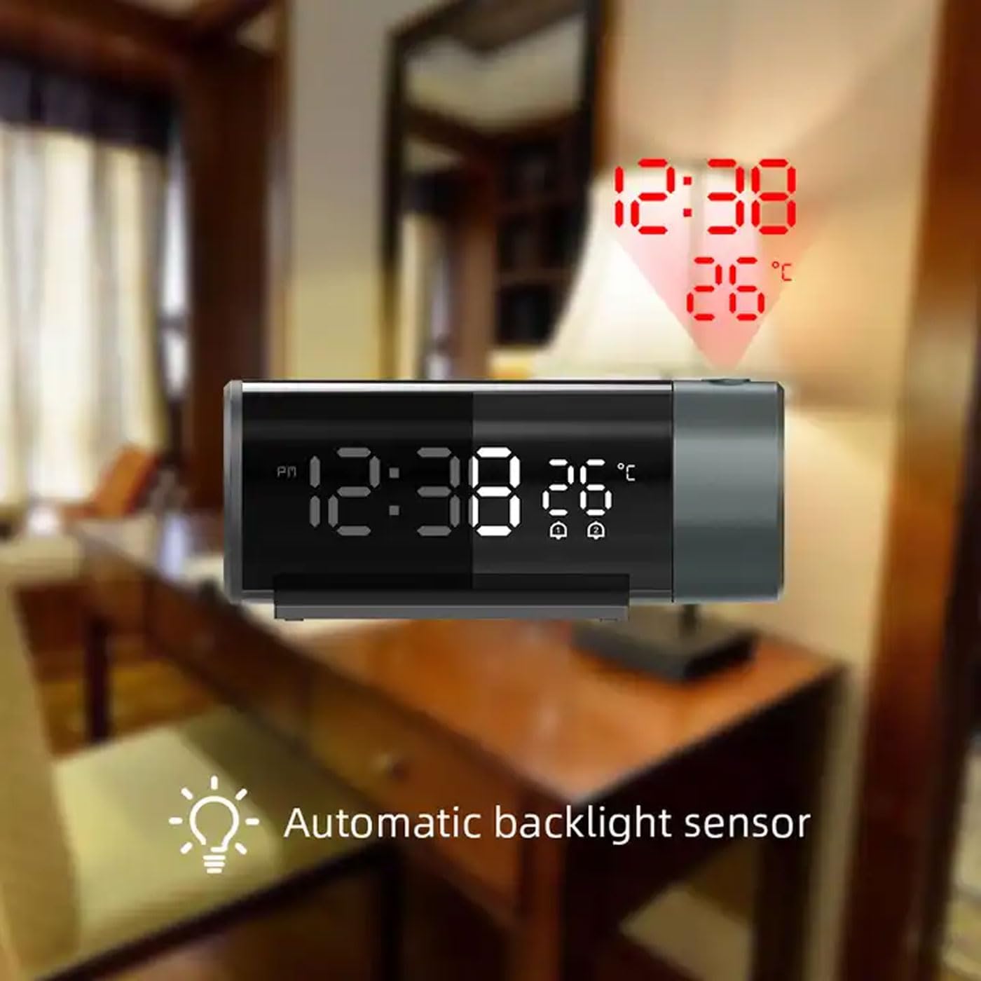 USB Charging Projection Alarm Clock, Adjustable Digital Clock Projector, 180° Projector Temperature Display, Clear Led Display, Snooze, Dual Alarms, Automatic Exposure Cl