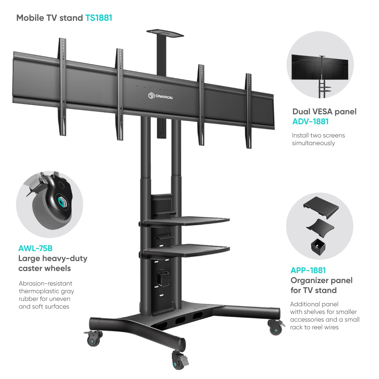 ONKRON Supporto doppio VESA per schermi LCD LED OLED 4K Flat Curvi da 40-65 pollici fino a 44,9 kg ciascuno – Adattatore doppio schermo per mobile TV Stand TS1881 VESA compatibile fino a 600x400