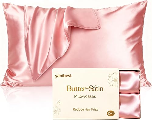 YANIBEST - Juego de 2 fundas de almohada de satén para el cuidado del cabello y la piel, fundas de almohada de satén sedoso frío, tamaño queen, con