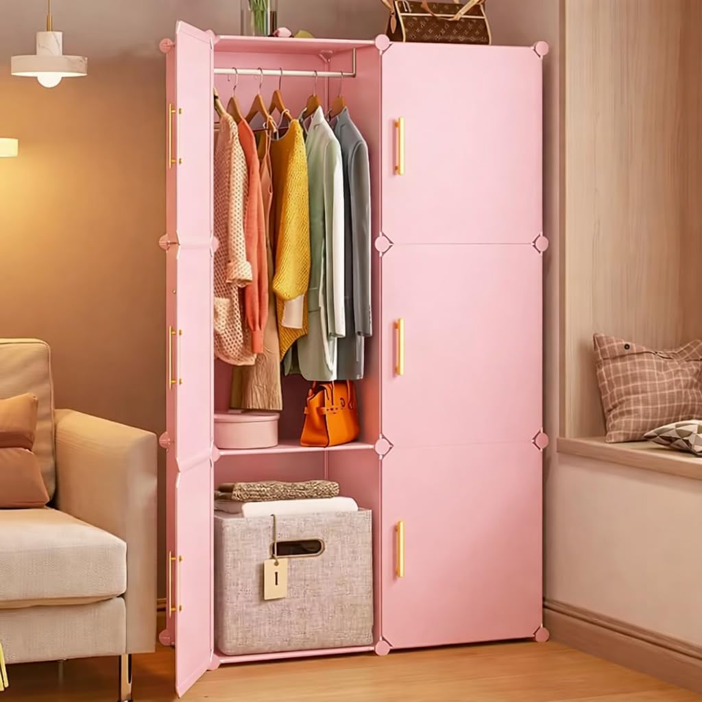 SNKR ESSENTIALS 8 Door Foldable Plastic Wardrobe for Clothes Baby Cupboard for Clothes Storage, Wardrobe for Kids, Plastic Almirah, Collapsible Wardrobe for Living Room (Pink-v3, 6-Door)