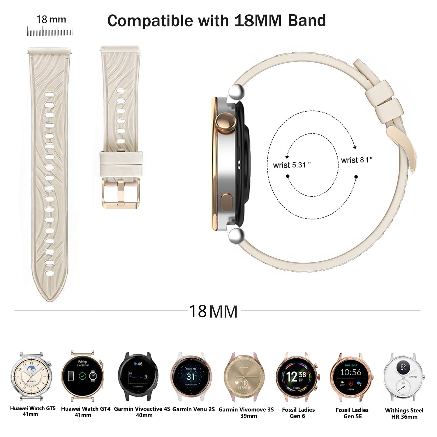 Miękki silikonowy pasek kompatybilny z Huawei Watch GT5 41mm/Huawei Watch GT4 41mm, 18mm pasek sportowy do Garmin Venu 2S/Venu 3S/Vivomove 3S/Vivoactive 4S