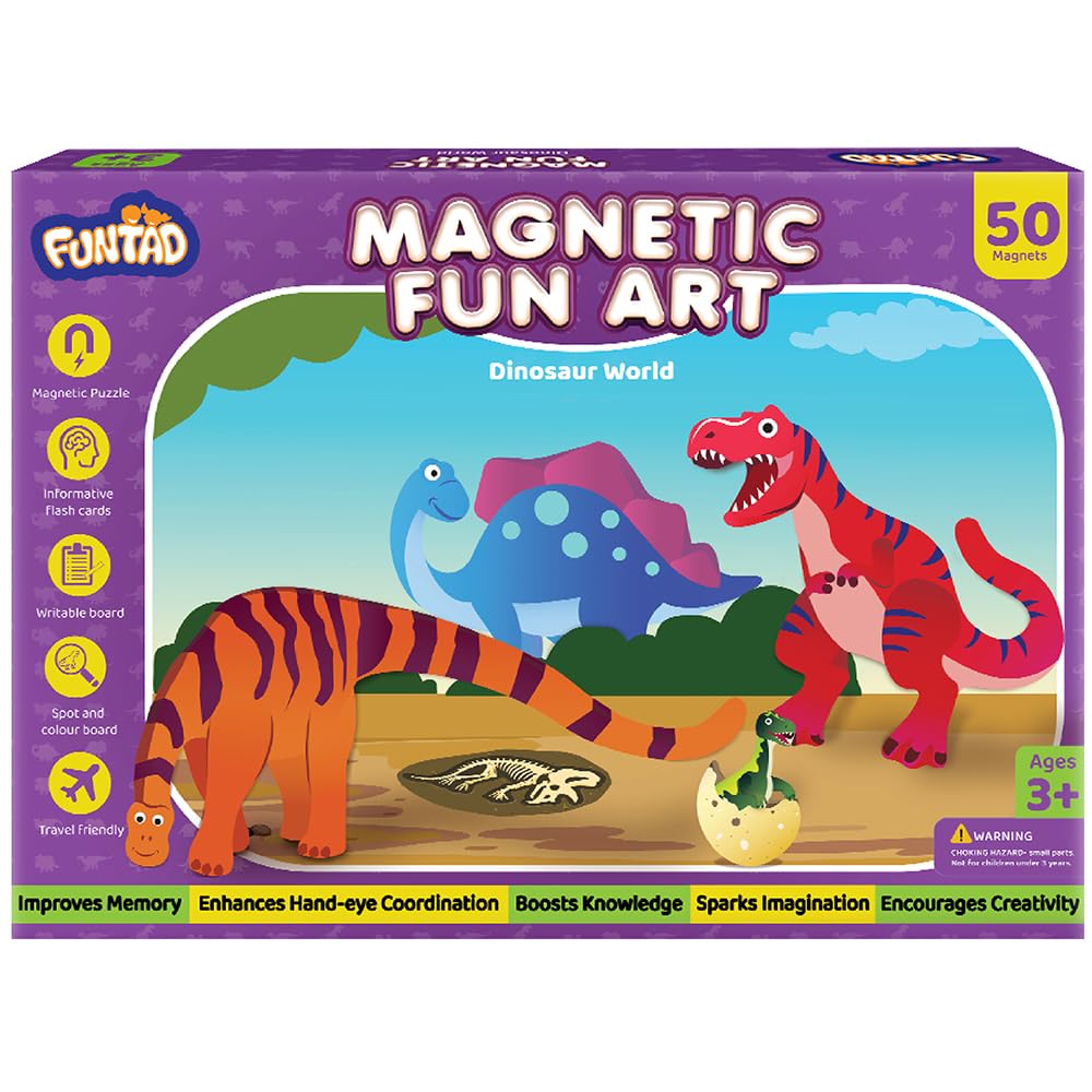 Funtad Magnetic Fun Art Puzzle - Dinosaur|4-in-1 Travel Friendly Educational Toy with Writable Board|50 Magnetic Pieces with Informative Flash Cards |Birthday Gift for Boys & Girls Age 3,4,5 & 6 yrs