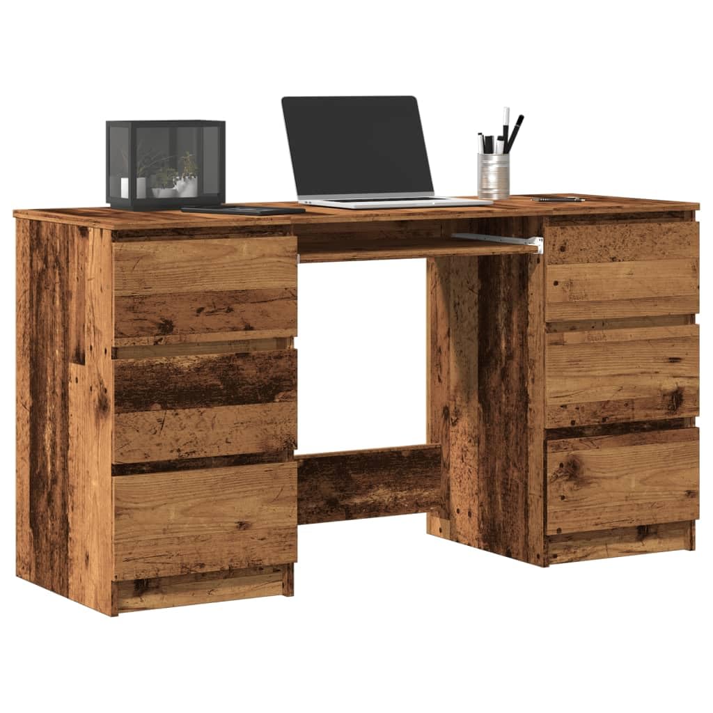 Scrivania effetto legno anticato, 140 x 50 x 77 cm, con 6 cassetti, spazioso piano per ufficio e home office, scrivania con spazio portaoggetti, design minimalista