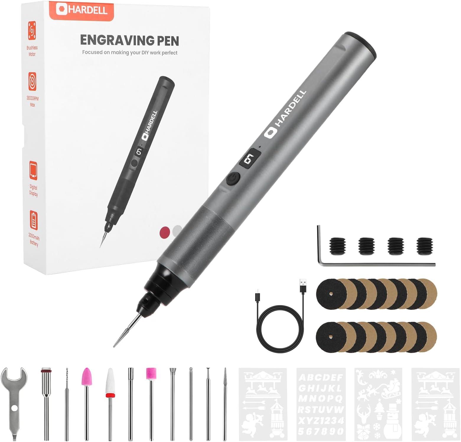 HARDELL Engraving Pen, 6-Speed Engraving Tool, Type-C Rechargeable Engraver Pen Set with 41 Accessories, Portable Engraver Tool, Cordless Engraving Pen for Glass Stone Wood Metal Plastic Jewelry