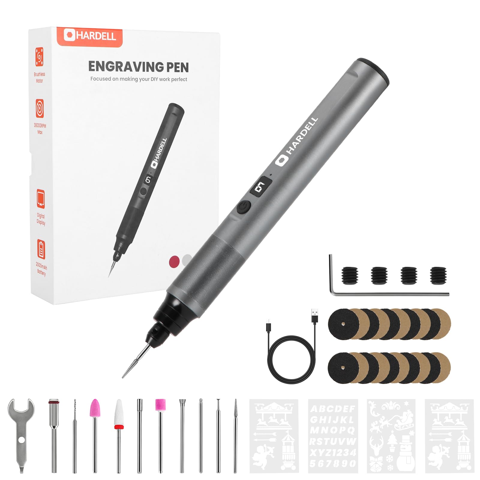 HARDELL Engraving Pen, 6-Speed Engraving Tool, Type-C Rechargeable Engraver Pen Set with 41 Accessories, Portable Engraver Tool, Cordless Engraving Pen for Glass Stone Wood Metal Plastic Jewelry