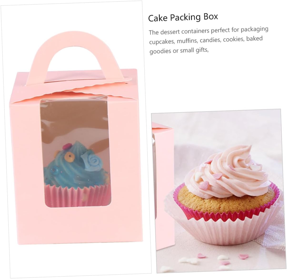 50pcs Pink Paper Cupcake Container with Window and Handle, Single Muffin Holder Box for Wedding Party Dessert Packaging
