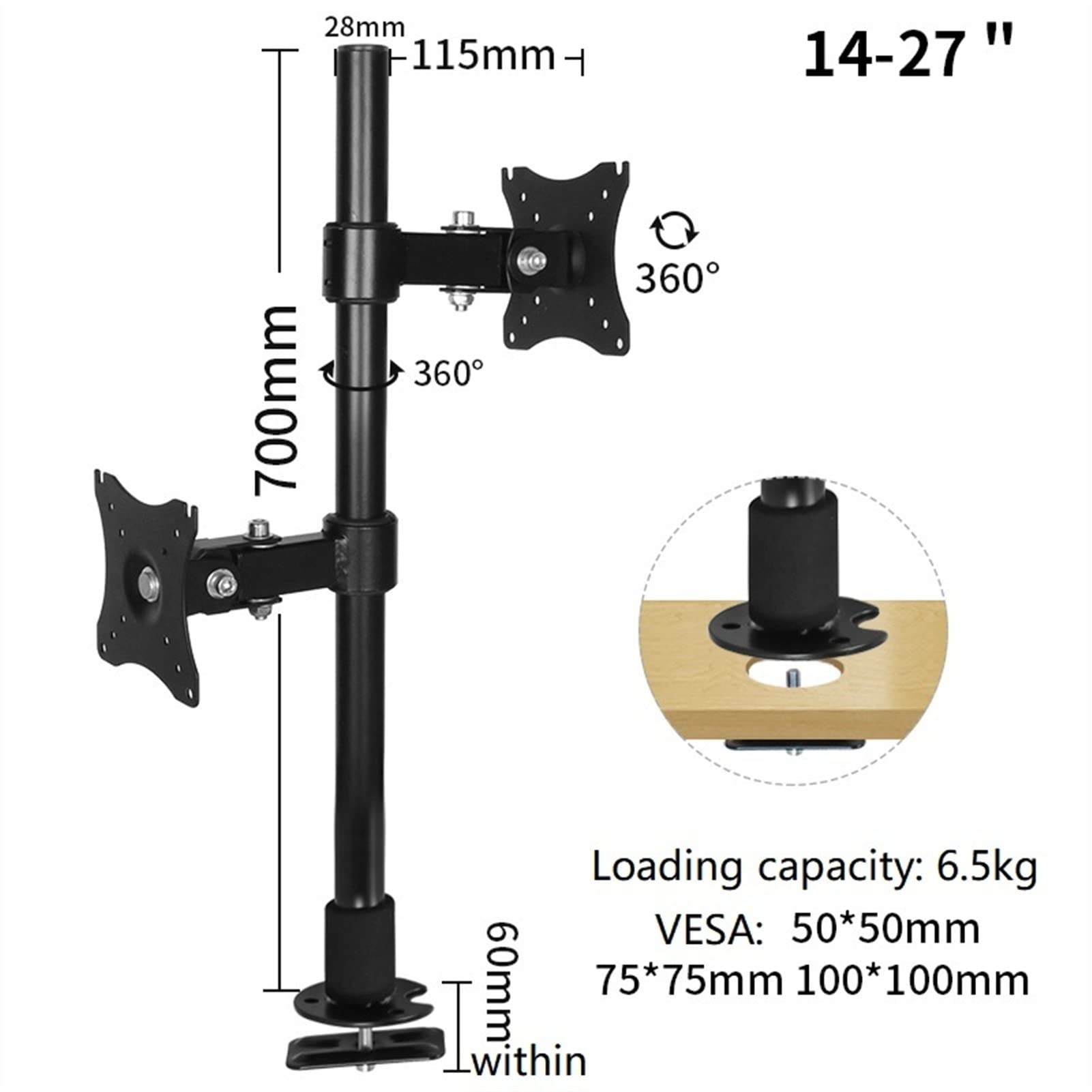 Braccio del supporto di visualizzazione Supporto da tavolo for doppio monitor LCD, resistente, impilato, regolabile, con base perforata, sostiene 2 schermi verticali fino a 27" Staffa di visualizzazio