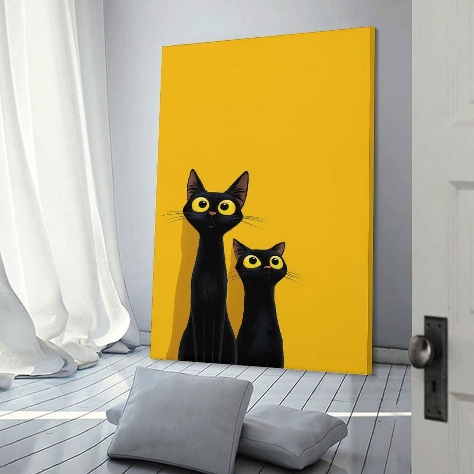 Junmoney Two Black Cats on Yellow Background Room Decor Wall Art, 24x36inch(60x90cm), for Hallway, Lounge Or Guest Room, Gift Idea for Housewarming And Birthdays