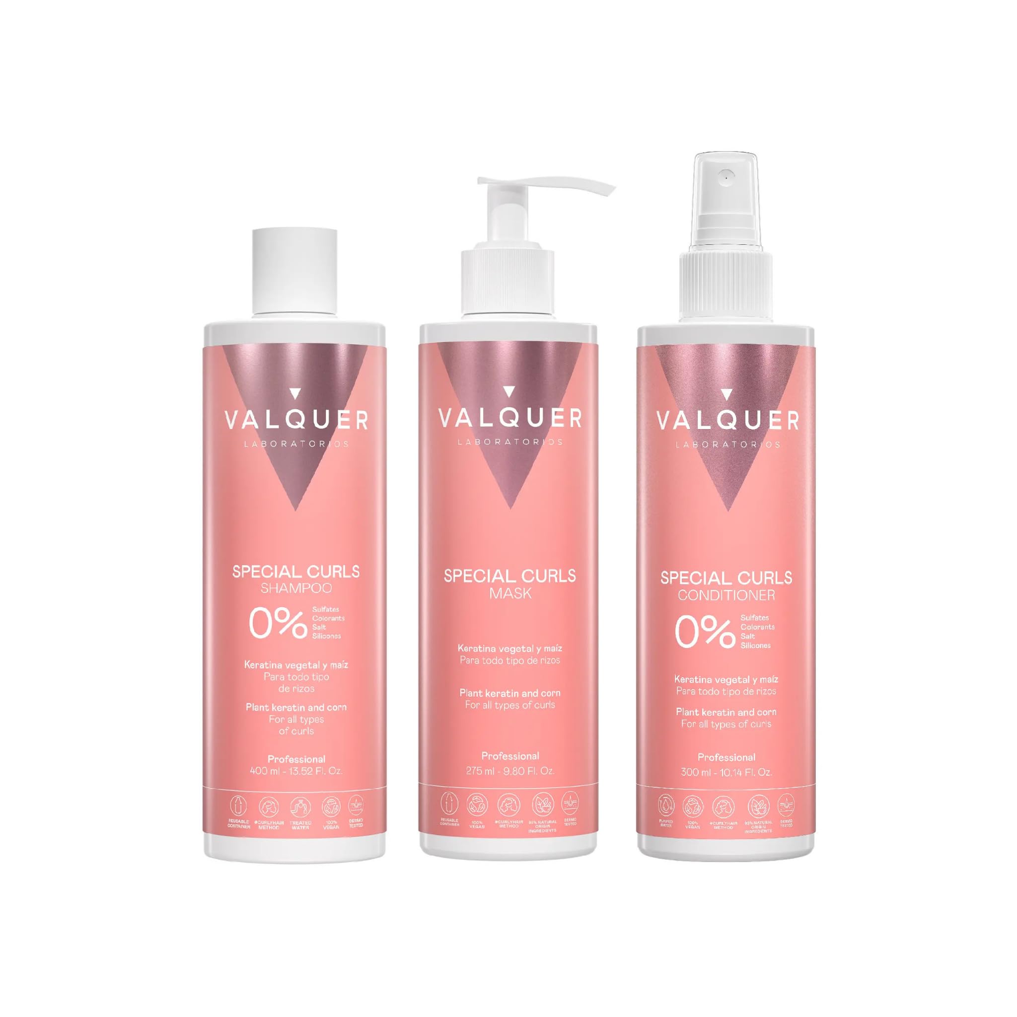 Valquer Curly Special Pack Shampoo 400 ml, Hair Mask 275 ml and Conditioner 300 ml. Hair Treatment for Defined Curls. Hydrates and Softens with Vegetable Keratin and Corn. Vegan