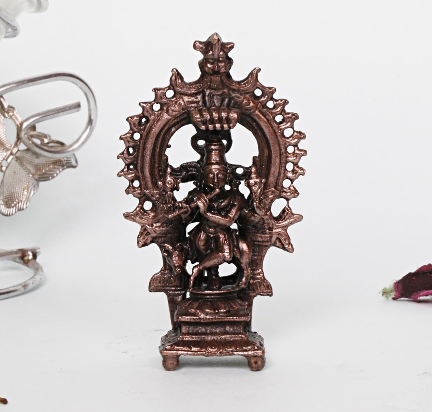 ARTVARKO™ Copper Lord Krishna Playing Flute in Arch Idol Statue God Love Tamba Murti for Puja 3 Inch.