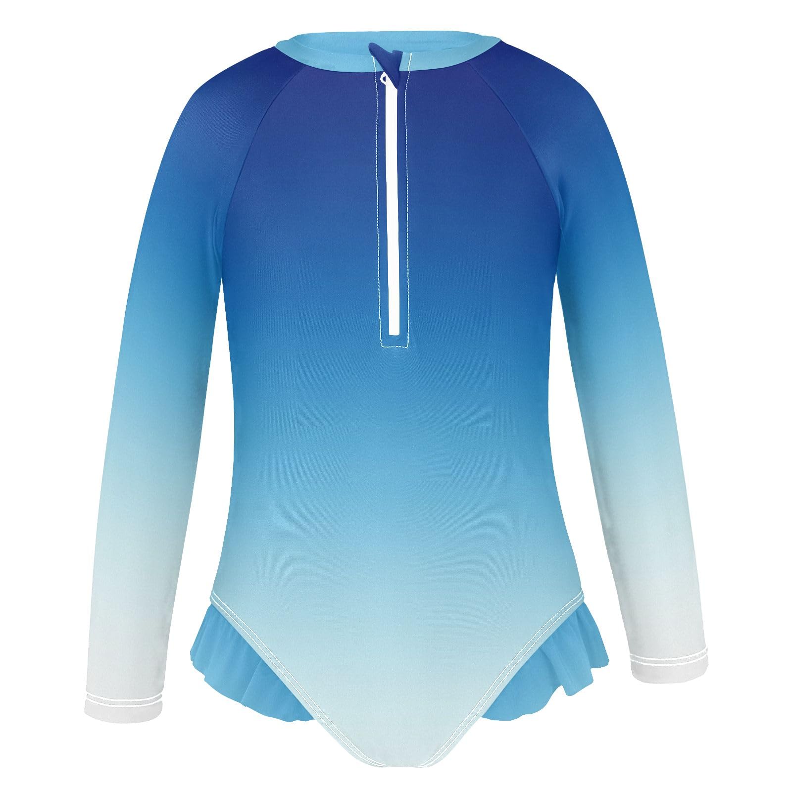 ALAZA Swimsuit for Girls Long Sleeve Rashguard Bathing Suit White Blue Gradient Quick Dry 4T