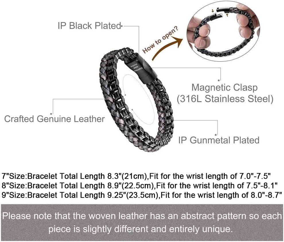 murtoo Mens Bracelet leather and Steel, Stainless Steel Chain and Leather Bracelets for Men