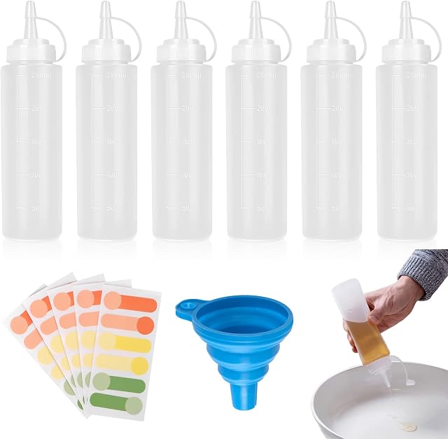 above zero 6 pcs Squeeze Bottles with Caps,250ML Plastic Squeeze Dispensers, Squeezy Sauce Bottles, for Sauce, BBQ, Hot Sauce and Olive Oil (Come with 1*Funnel+30*Sticker)