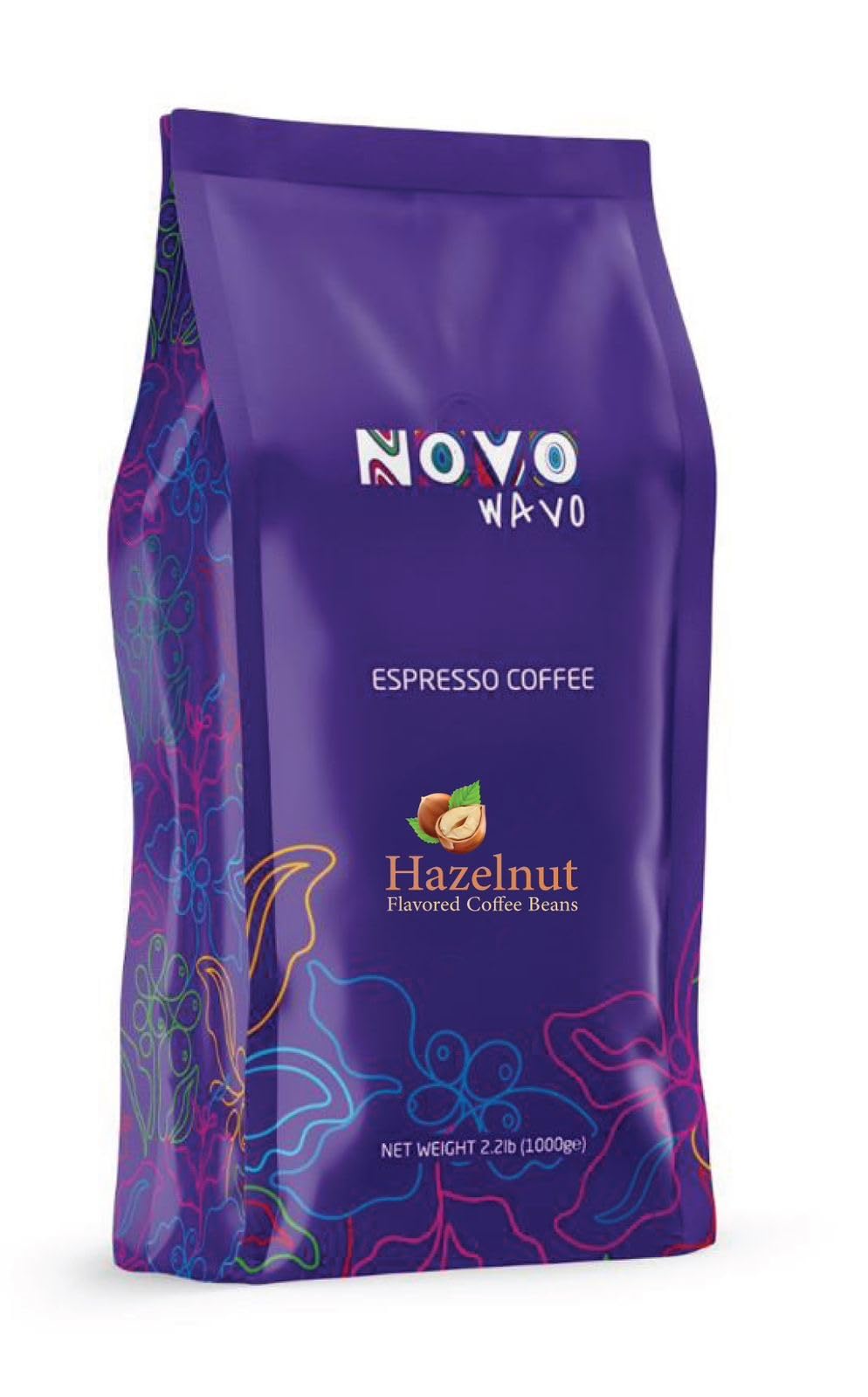 NOVO WAVO Creamy Hazelnut Flavored Coffee, Whole Bean Medium Roast Coffee Light-Medium Espresso Roast Premium Quality Aromatic 2.2 Pound Pack of 1