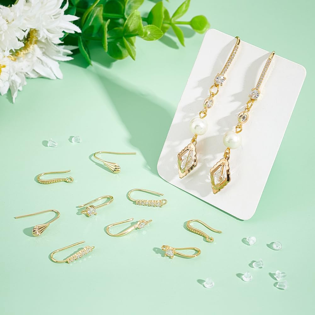 UNICRAFTALE 14Pcs 7 Style Real 18K Gold Plated French Earring Hooks Rhinestone Earring Hooks Metal Zirconia French Earrings Hooks Ear Wire with Loops and Plastic Ear Nuts for DIY Jewelry Making - Image 2