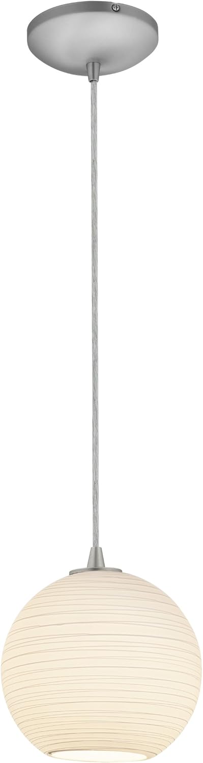Japanese Lantern Glass Pendant - 1-Light 8"dia Pendant - Cord - Brushed Steel Finish - White Lined Glass Shade