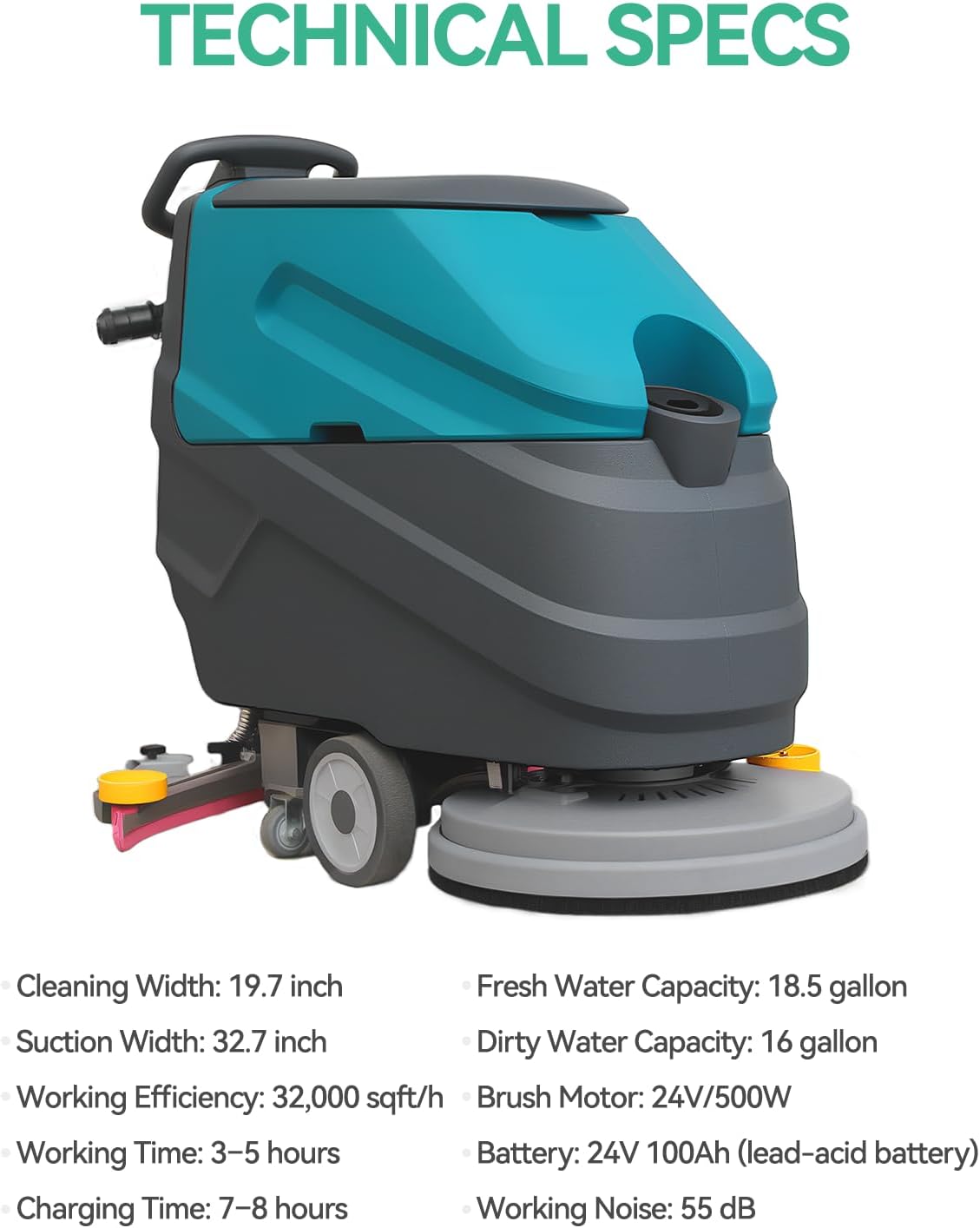 Commercial Floor Scrubber Machine Walk Behind, 22" Cleaning and 33" Suction Width, 18.5-Gal Sewage and 15.9-Gal Water Tank, 32000 Sqft/h, Cordless, Complete Set of Parts