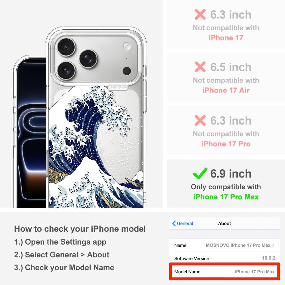 MOSNOVO Coque pour iPhone 17 Pro Max, [Protection de Qualité Militaire 2m] [Technologie Anti-Décollage] Coque Transparente Antichoc en TPU avec Design - Grande Vague - 2