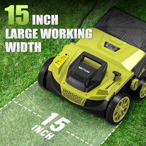SEYVUM 15 Amp 15 inch Electric Dethatcher and Scarifier, Corded Lawn Dethatcher with 40L Collection Bag, 5-Position Working Height, Green - Image 3