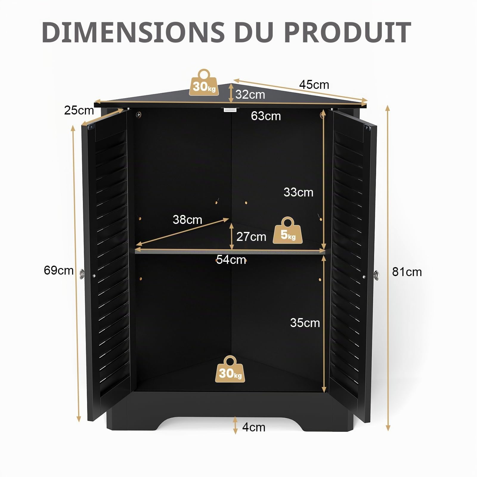 LIFEZEAL Meuble d'angle de Salle de Bain avec Porte, Armoire de Toilette Triangulaire avec Étagère Réglable, Meuble d'angle WC en Bois, 31,5 x 63 x 81 cm (Noir)